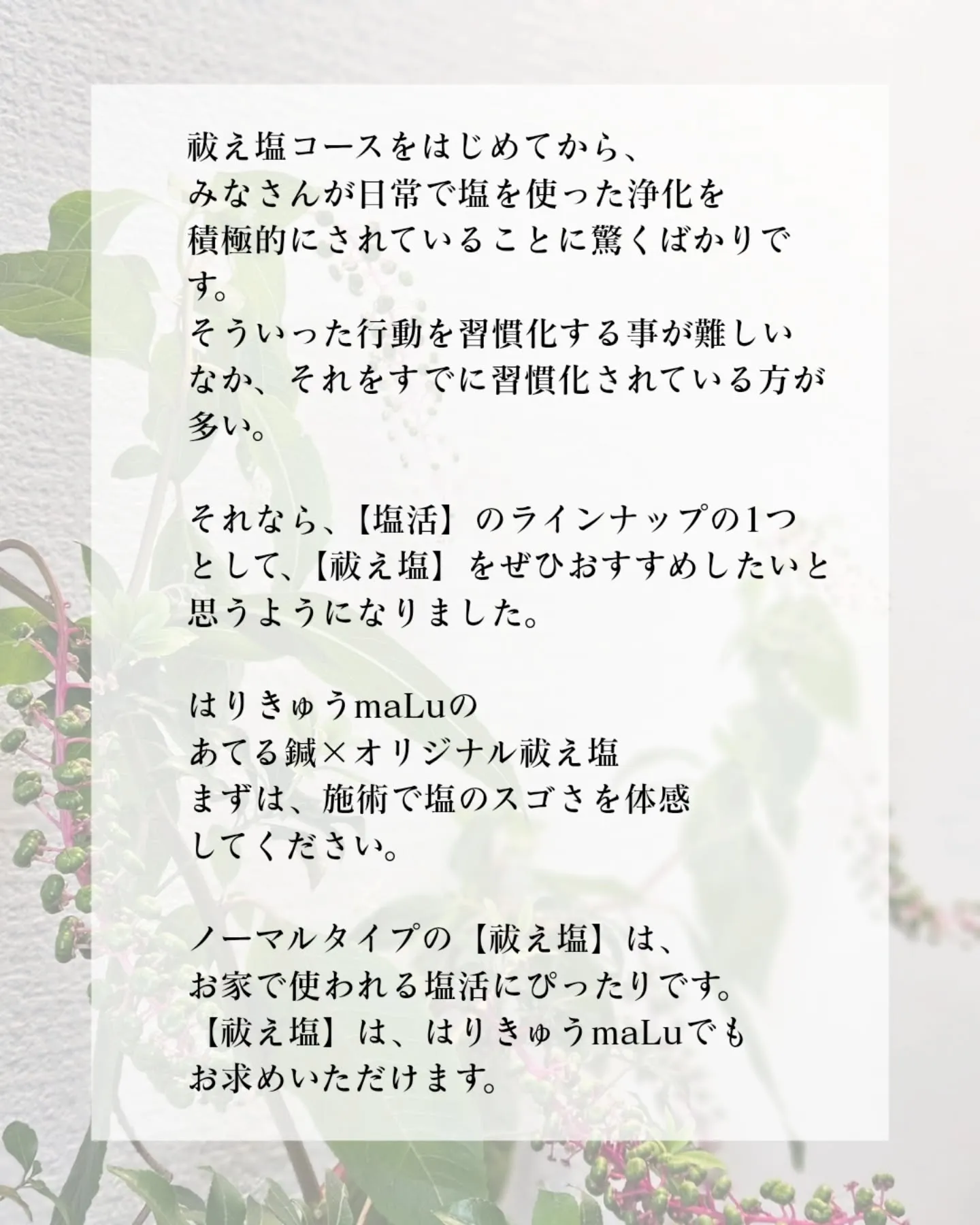 【🎊塩活宣言🧂】最近、祓え塩コースが出来てから、日常的にお塩...